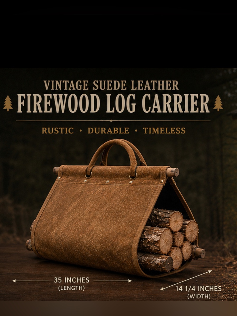 Vintage Rustic Suede Leather
Firewood Log Carrier - 35" Wood Handle